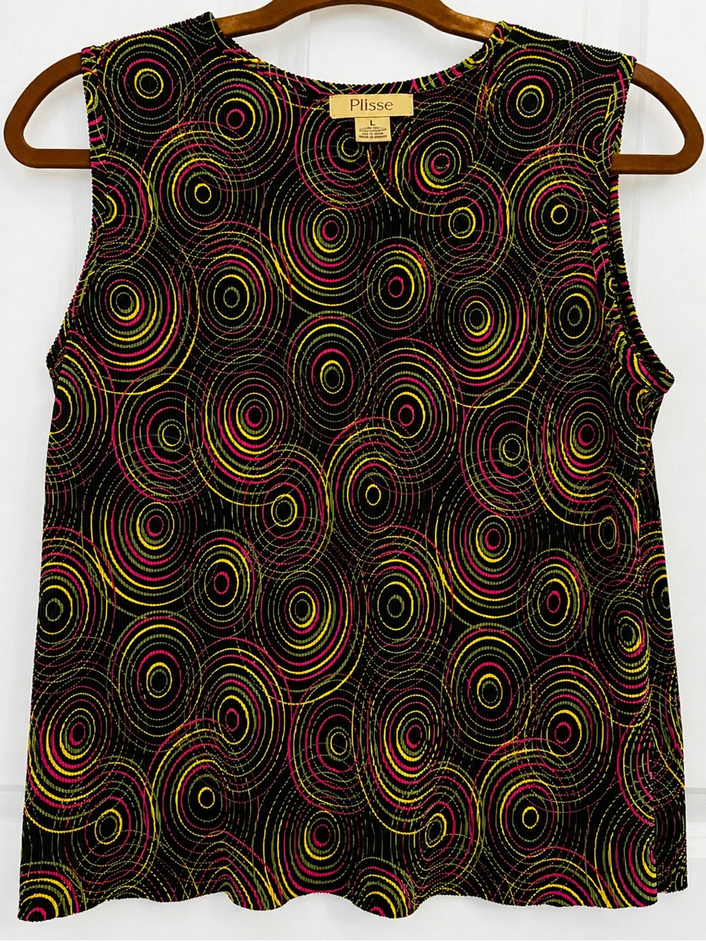 Vintage Plissé Pleated Abstract Circle Tank Top Black Neon Pink Yellow Large